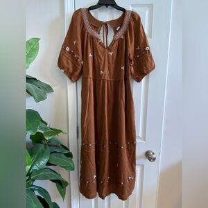 Old Navy Brown Floral Embroidered Midi Swing Dress Short Puff Sleeve Sz L NWOT